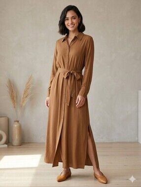 Whimsy + Row Brown Buttoned Long Sleeve Shirt Dress